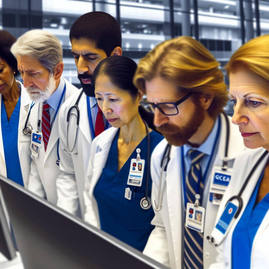 A group of diverse individuals working together in a hospital setting, collaborating on various healthcare technologies wearing the GCEA logo.